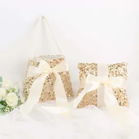 1 Set Gold Sequin Flower Girl Petal Basket and Ring Bearer Pillow Wedding Set