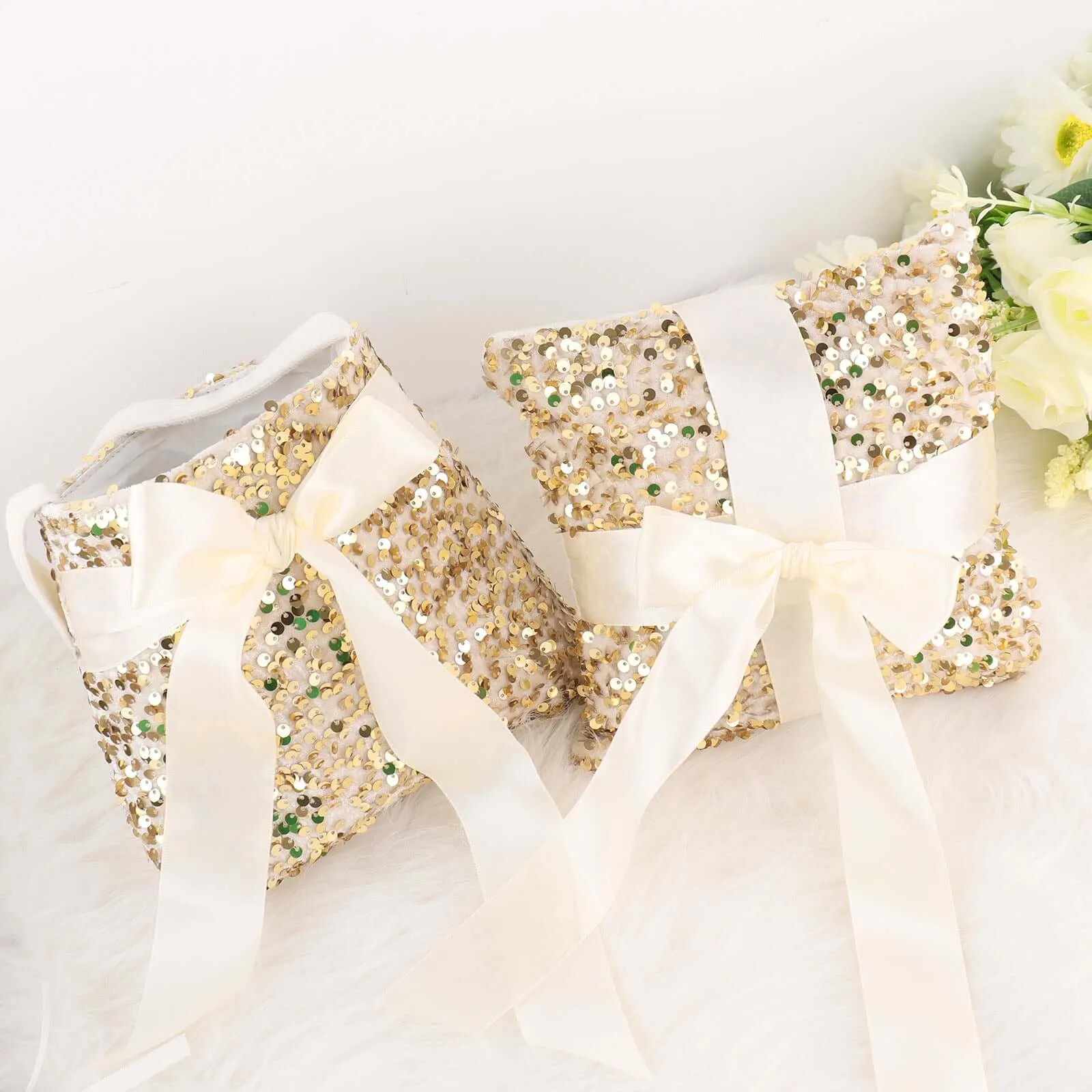 1 Set Gold Sequin Flower Girl Petal Basket and Ring Bearer Pillow Wedding Set