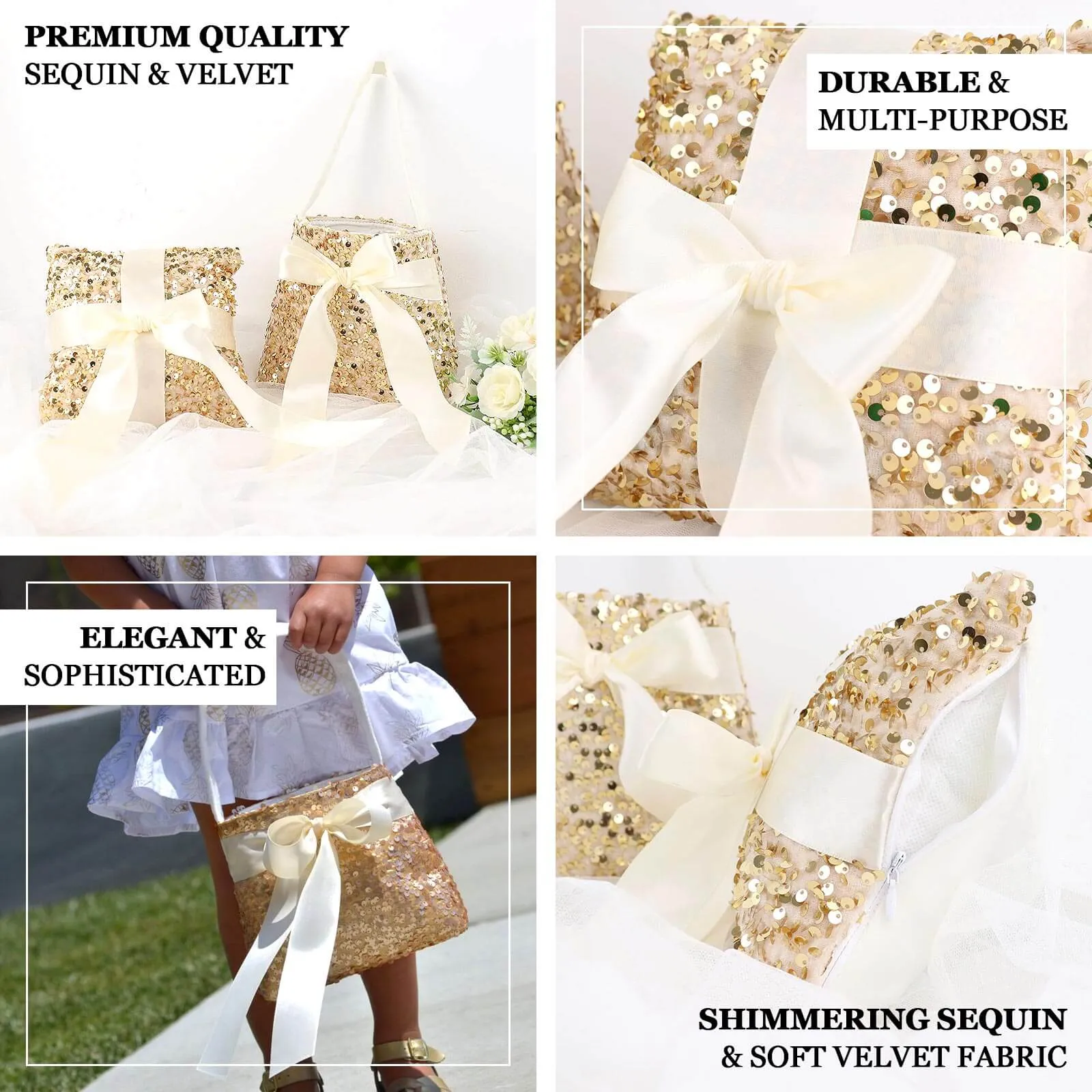 1 Set Gold Sequin Flower Girl Petal Basket and Ring Bearer Pillow Wedding Set