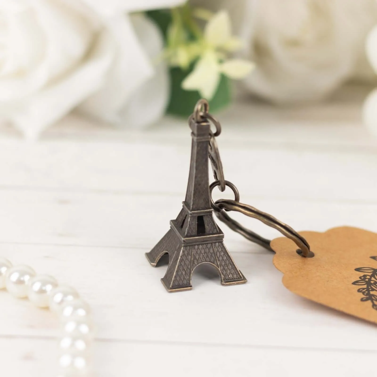 10 Pack Bronze Plastic Paris Eiffel Tower Keychain Wedding Favors, 4" Bridal Shower Party Souvenirs With Thank You Tag