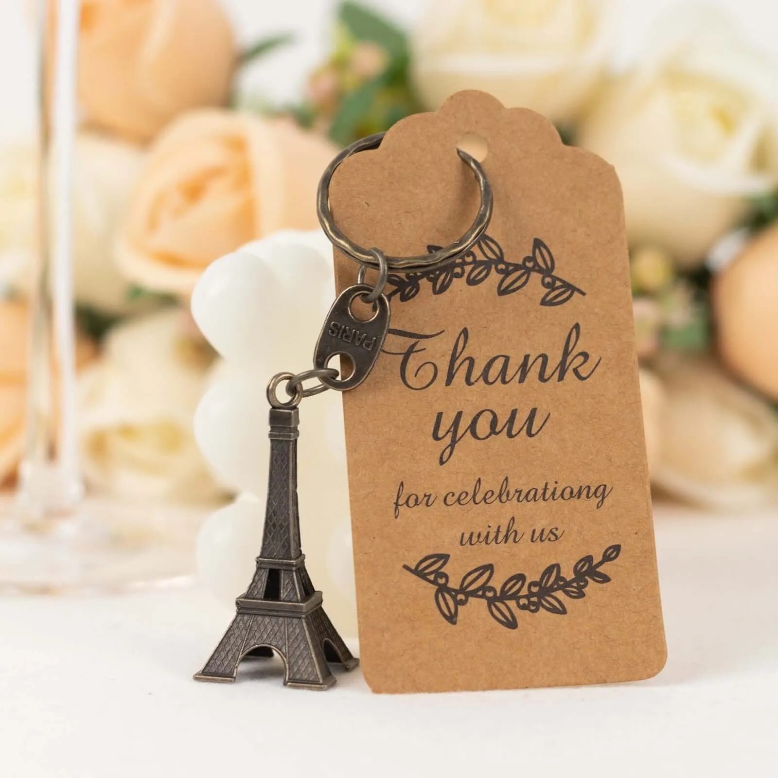 10 Pack Bronze Plastic Paris Eiffel Tower Keychain Wedding Favors, 4" Bridal Shower Party Souvenirs With Thank You Tag