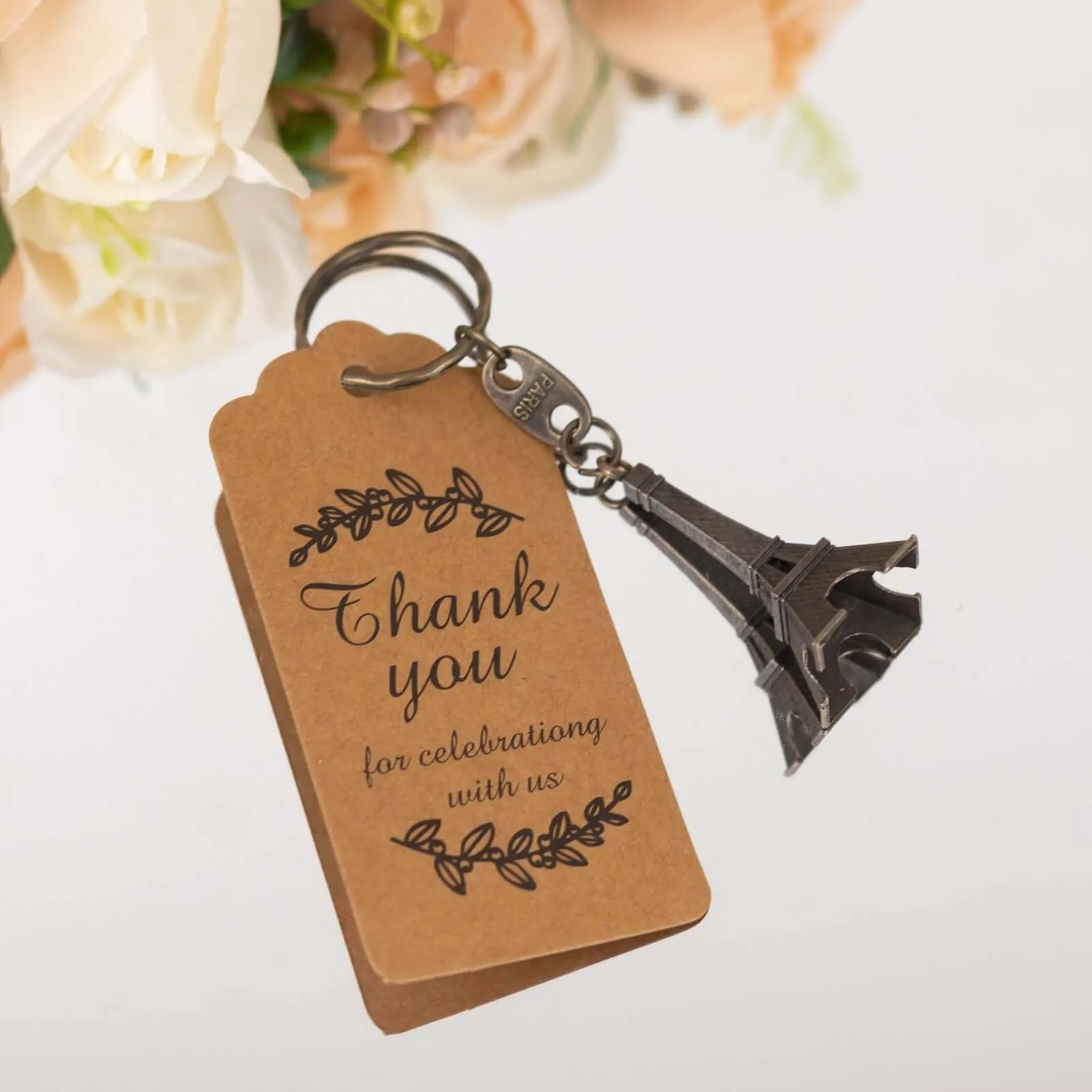 10 Pack Bronze Plastic Paris Eiffel Tower Keychain Wedding Favors, 4" Bridal Shower Party Souvenirs With Thank You Tag