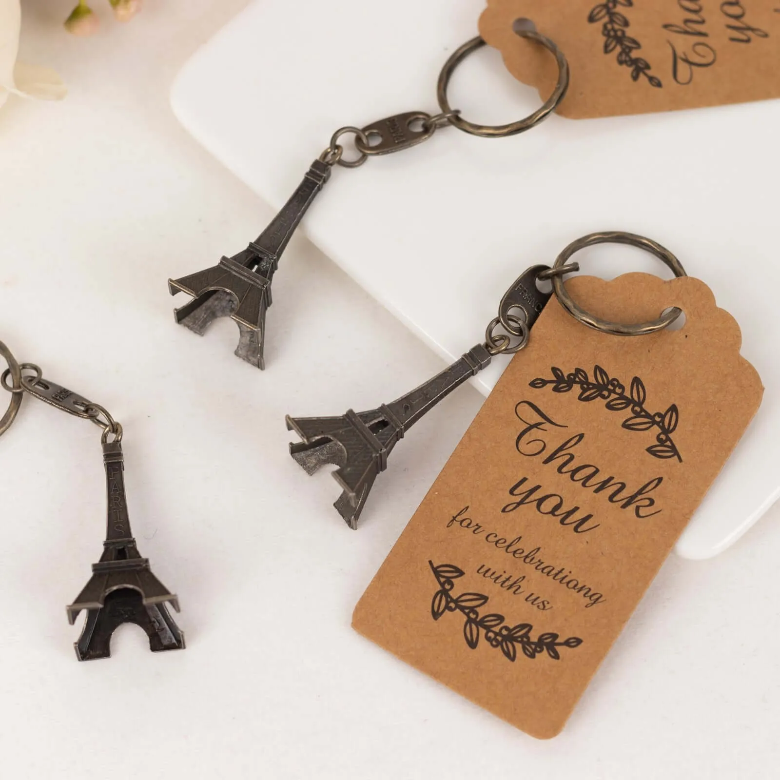 10 Pack Bronze Plastic Paris Eiffel Tower Keychain Wedding Favors, 4" Bridal Shower Party Souvenirs With Thank You Tag