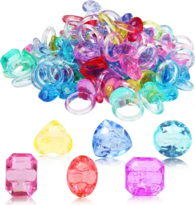 100 Pcs Gem Rings Toys for Kids, Bulk Toys Diamond Ring Party Favors for Boys Girls Toddlers, Colorful Princess Ring Dress Up Accessories for Carnival PrizesGoodie Bag Stuffers, Pinata Fillers