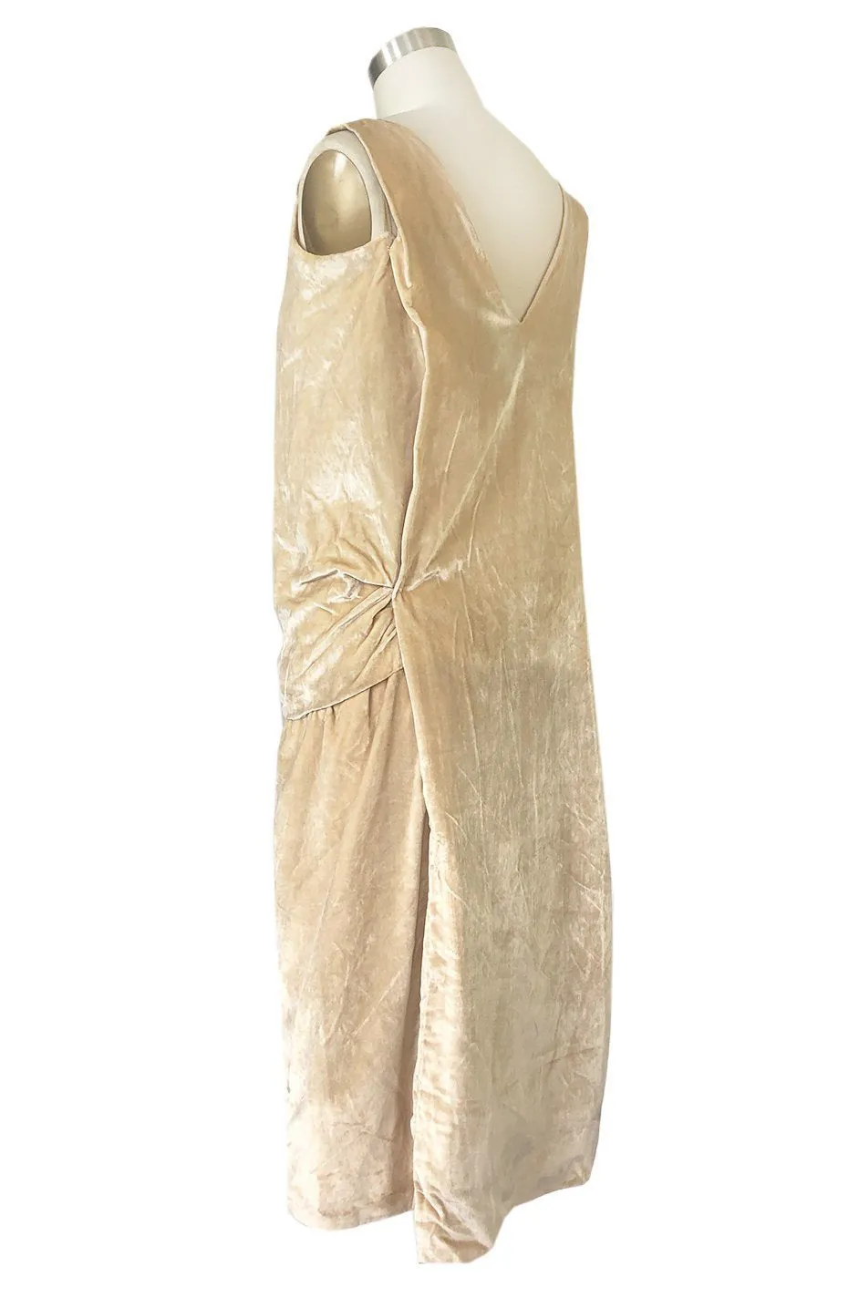 1920s Gold Ivory Silk Velvet & Silk Chiffon Pearl Flower Beaded Dress