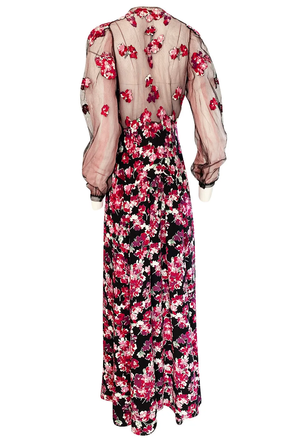 1930s Bright Pink Floral Hand Applique on Silk Dress w Net Sleeves