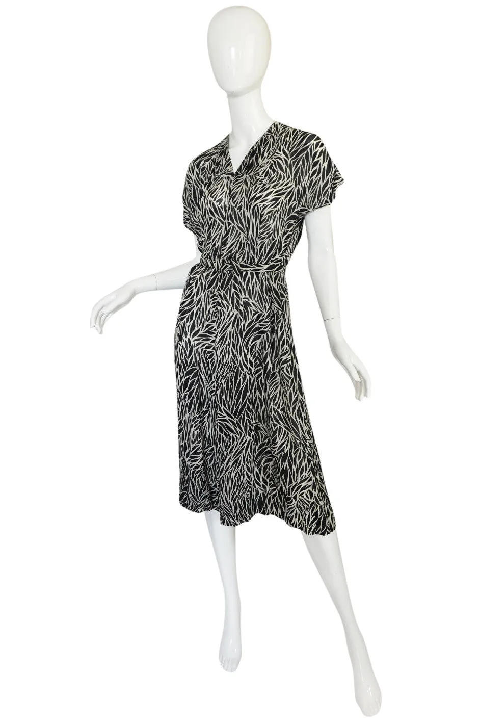 1940s Black & White Graphic Print Silk Chiffon Dress