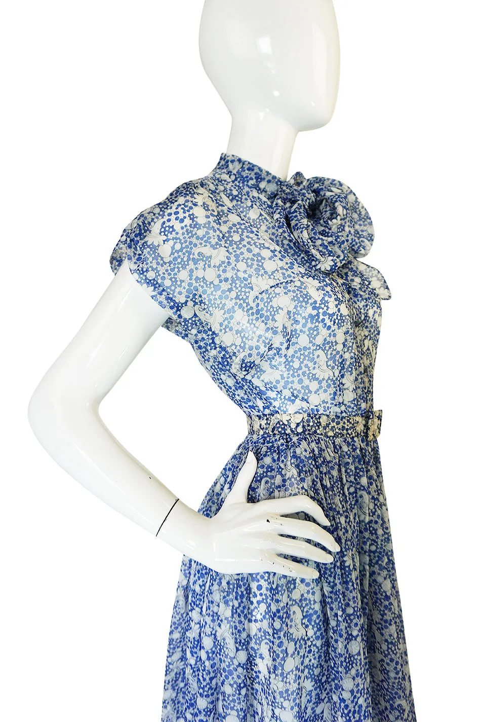 1940s Blue & White Chiffon Joker Print Novelty Dress