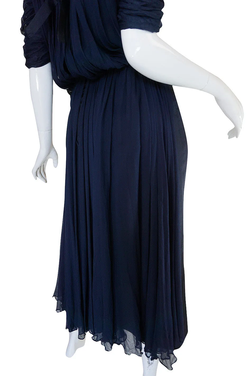 1950s Don Loper Blue Silk Dress w Chiffon Draped Back