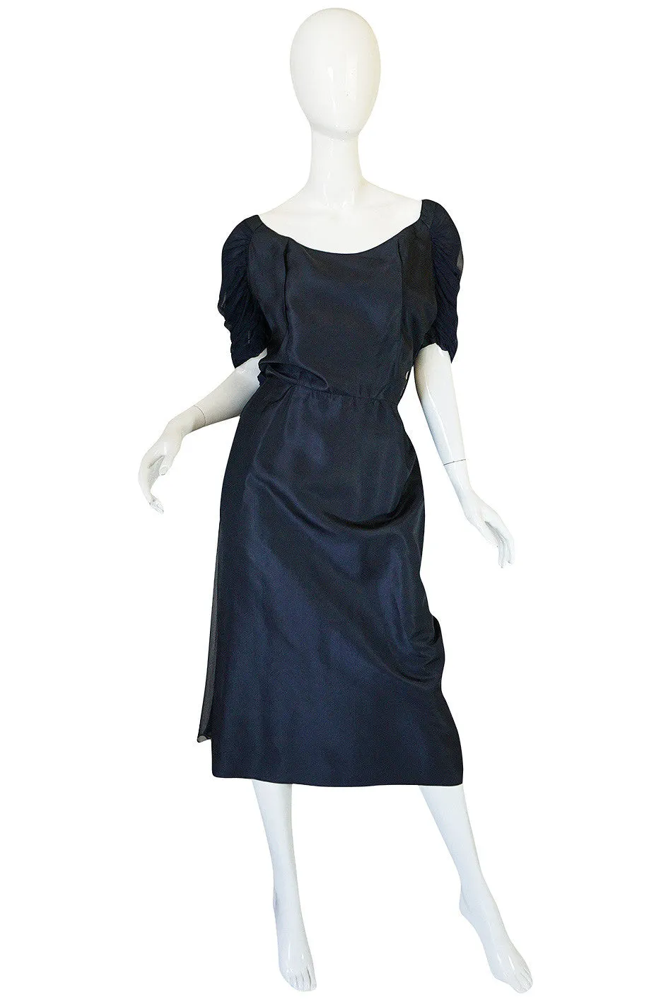 1950s Don Loper Blue Silk Dress w Chiffon Draped Back