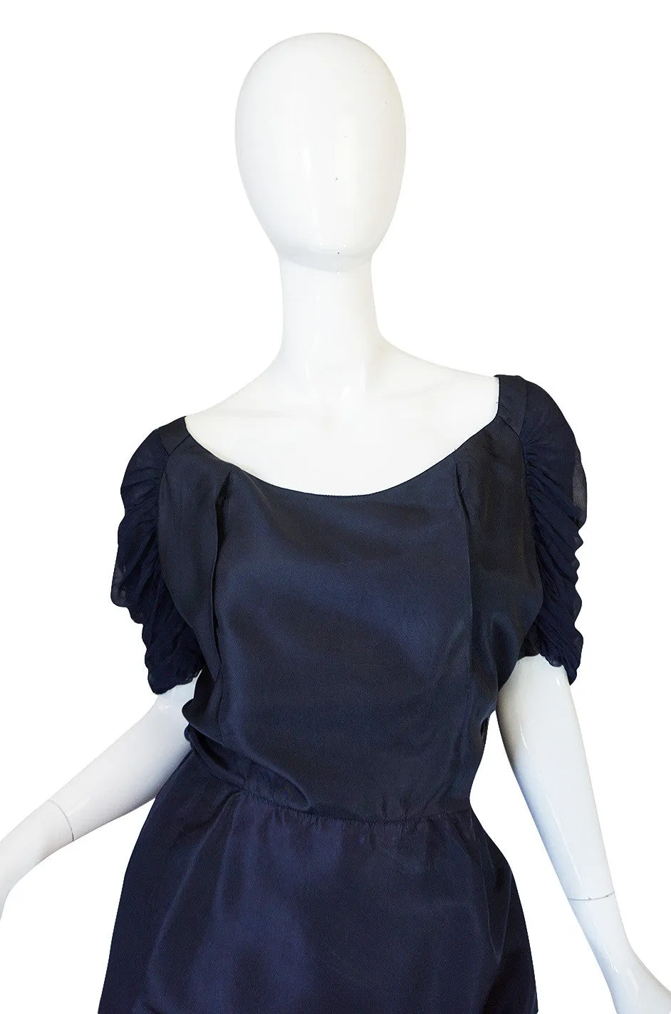 1950s Don Loper Blue Silk Dress w Chiffon Draped Back