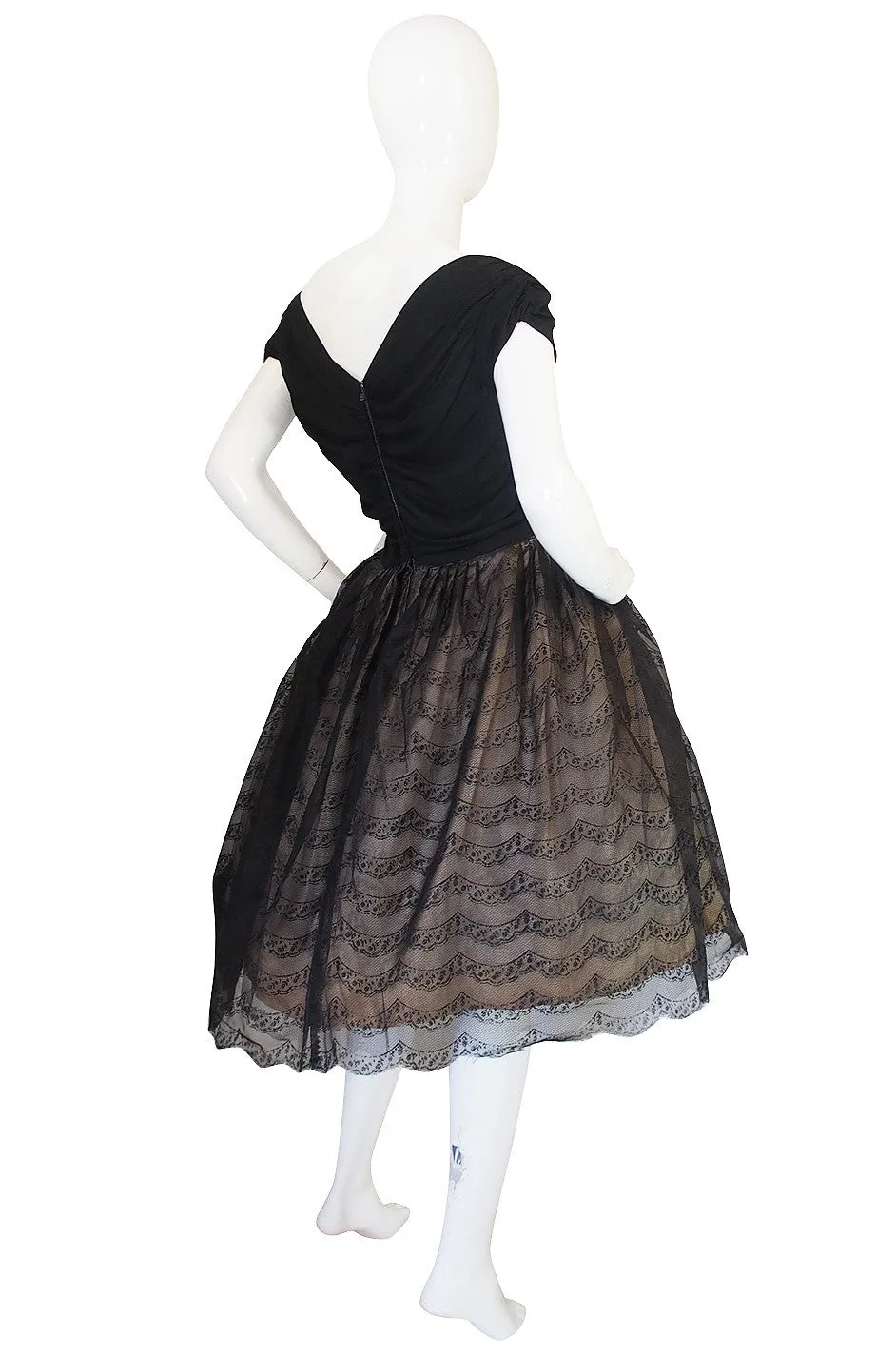 1950s Silk Jersey & Tulle Lace Full Skirted Dress