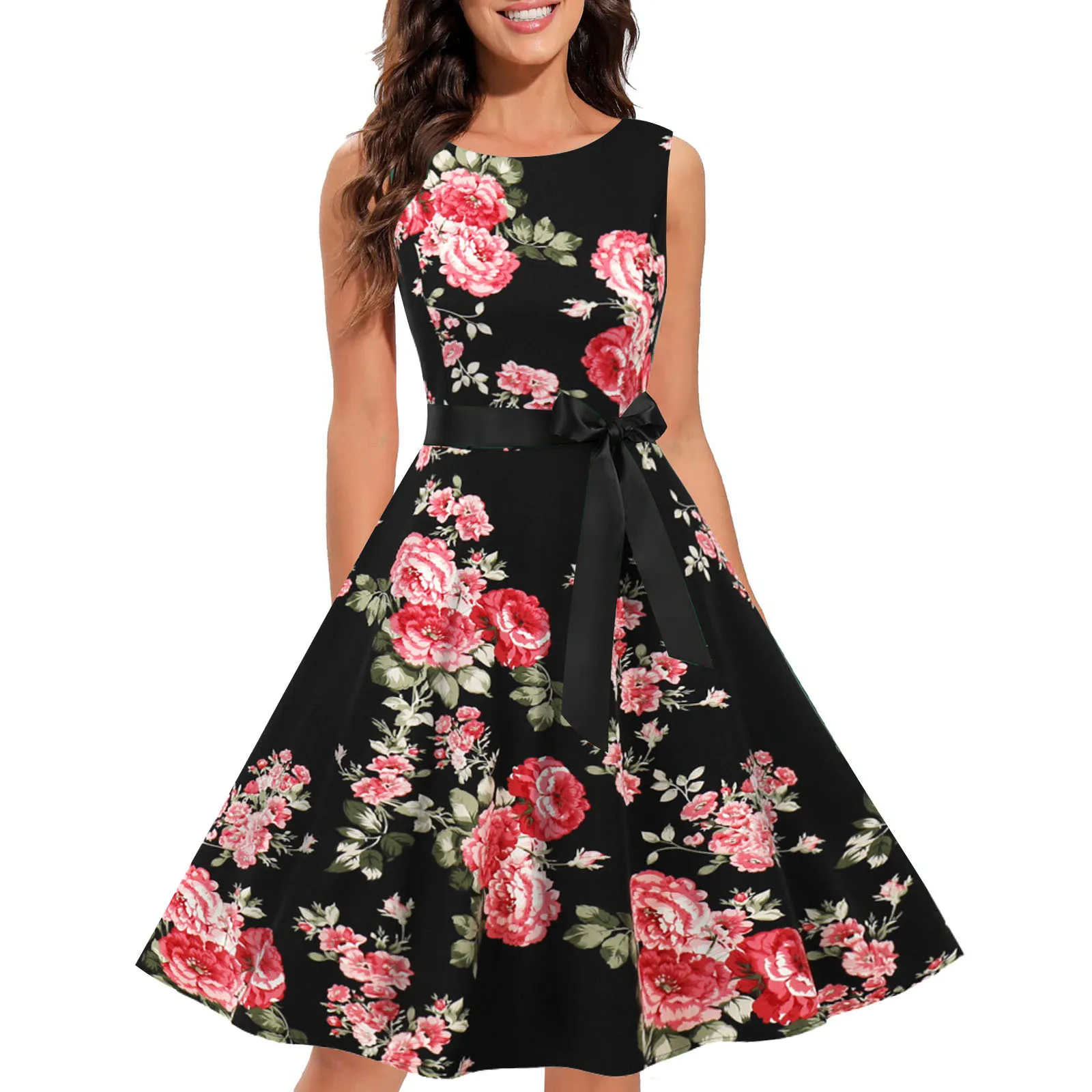 1950s Tie Waist Floral Midi Dress