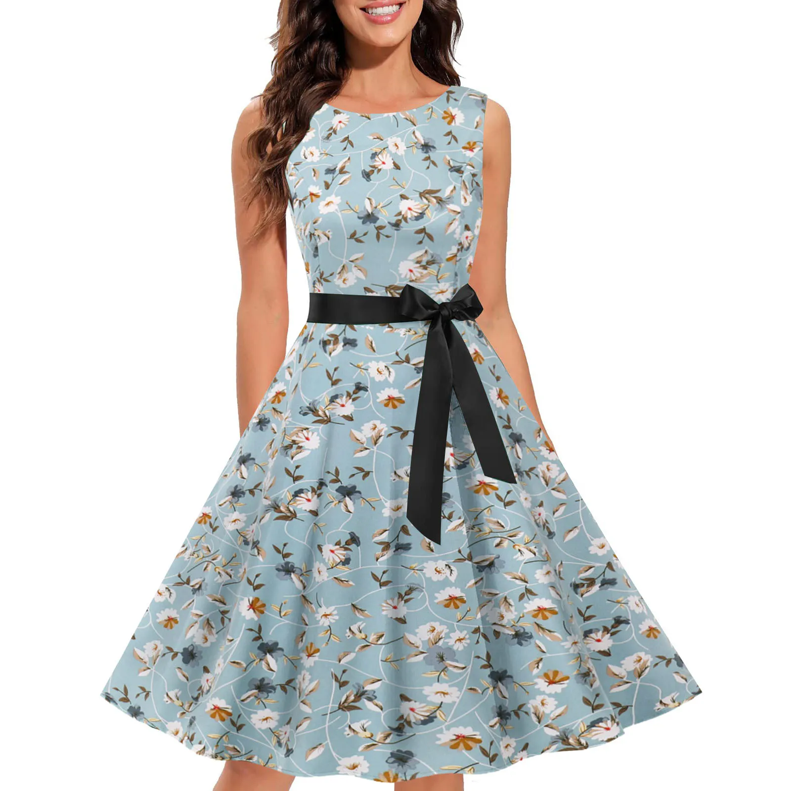 1950s Tie Waist Floral Midi Dress