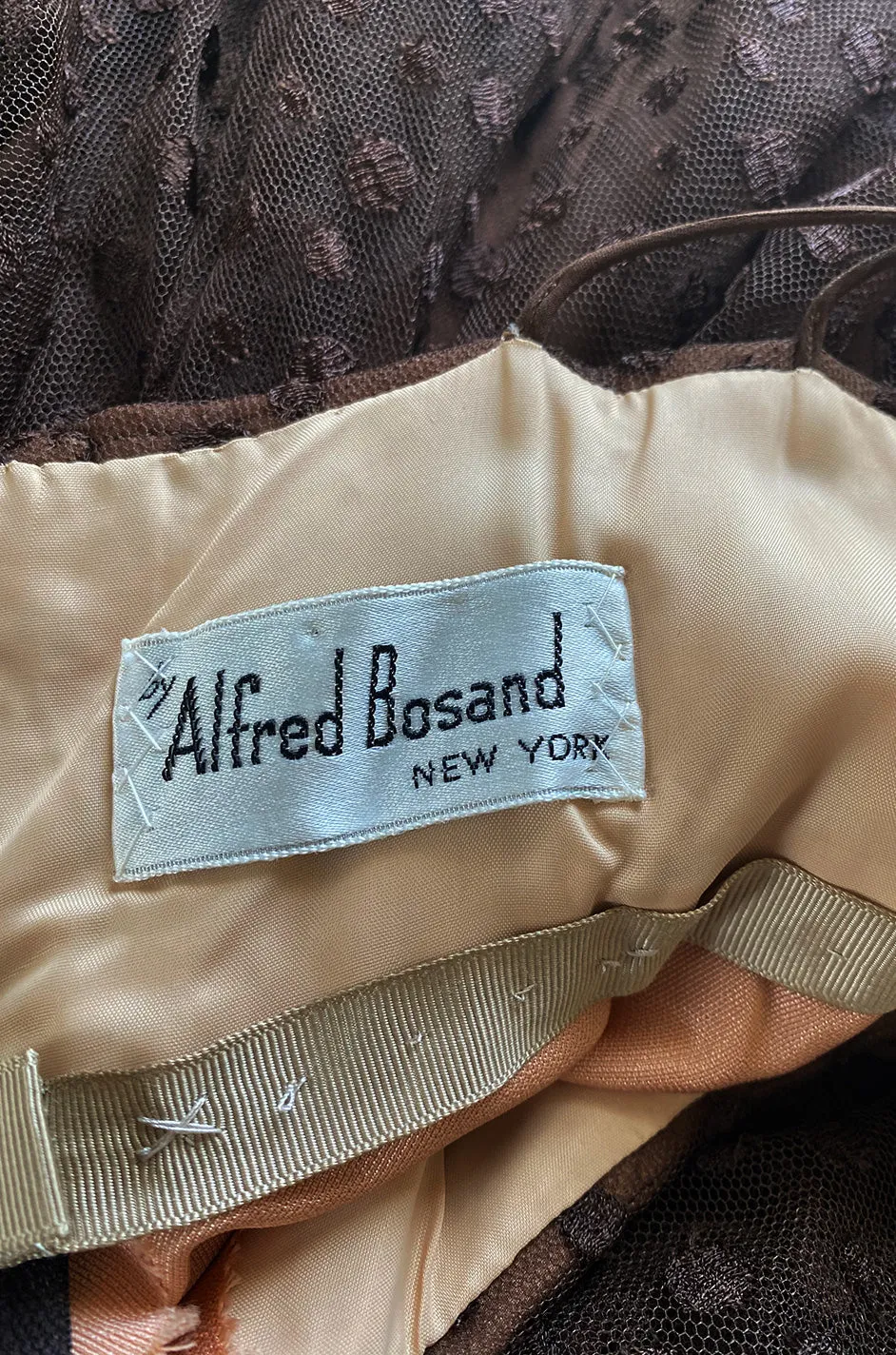 1960s Alfred Bosand Sequin Bodice Dotted Deep Brown Silk Net Dress W Matching Cape Overlay