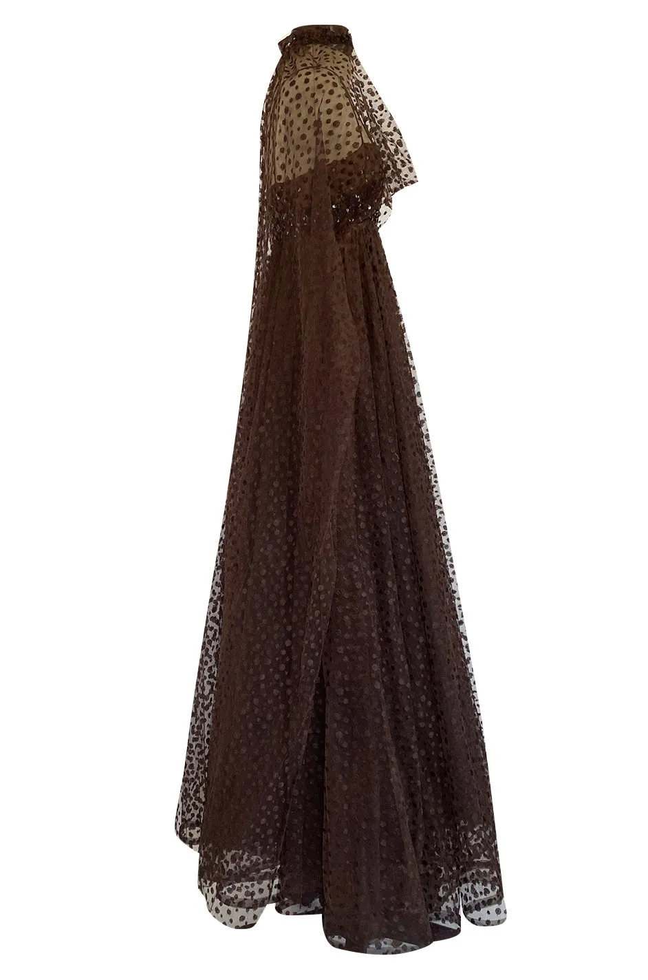 1960s Alfred Bosand Sequin Bodice Dotted Deep Brown Silk Net Dress W Matching Cape Overlay