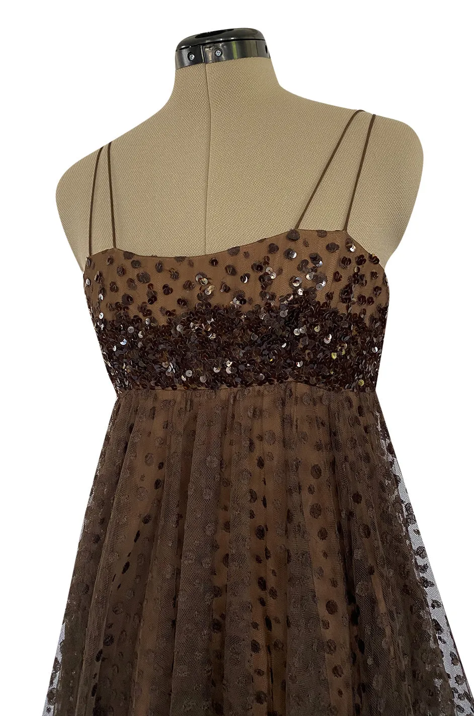 1960s Alfred Bosand Sequin Bodice Dotted Deep Brown Silk Net Dress W Matching Cape Overlay