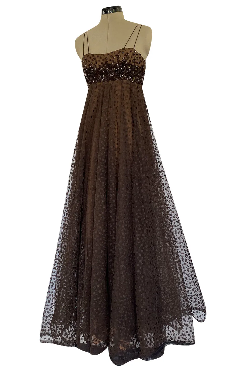 1960s Alfred Bosand Sequin Bodice Dotted Deep Brown Silk Net Dress W Matching Cape Overlay