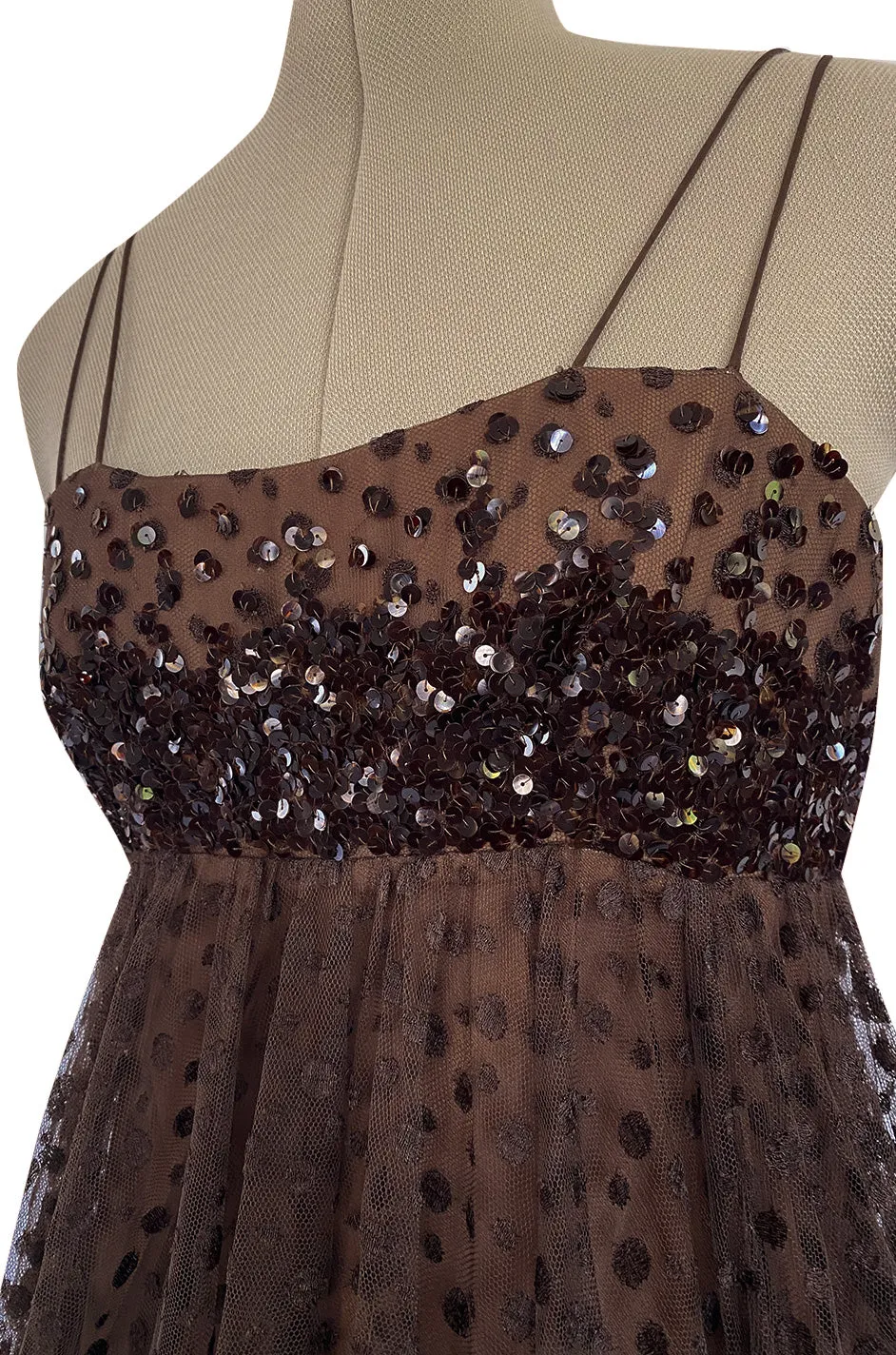 1960s Alfred Bosand Sequin Bodice Dotted Deep Brown Silk Net Dress W Matching Cape Overlay