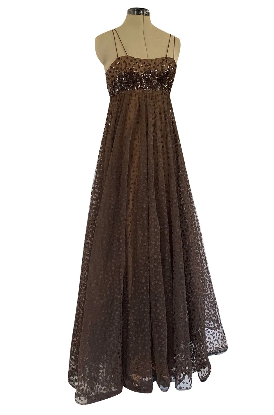 1960s Alfred Bosand Sequin Bodice Dotted Deep Brown Silk Net Dress W Matching Cape Overlay