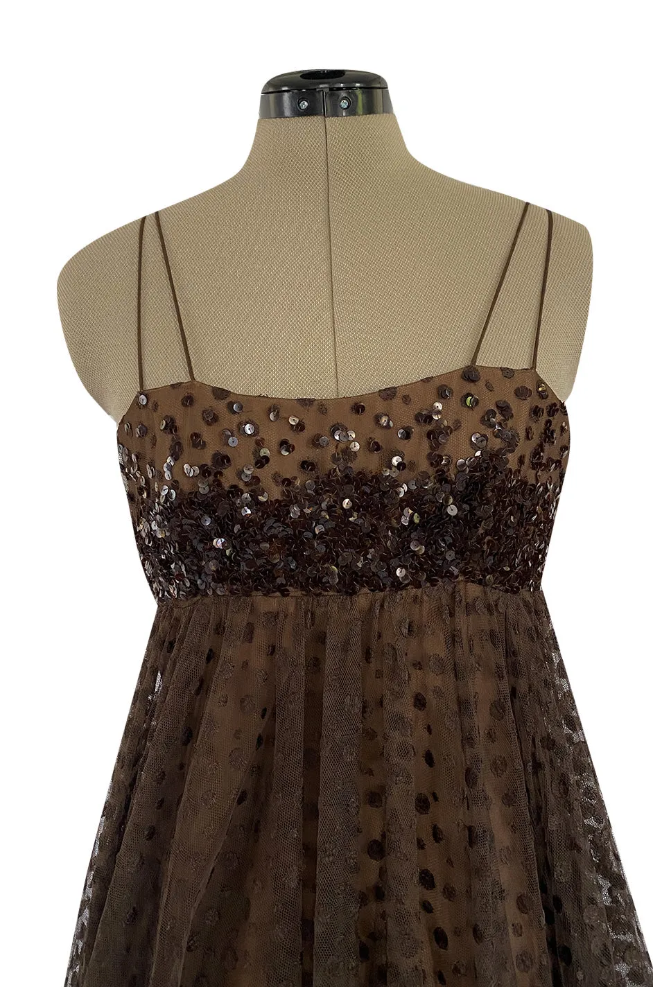 1960s Alfred Bosand Sequin Bodice Dotted Deep Brown Silk Net Dress W Matching Cape Overlay