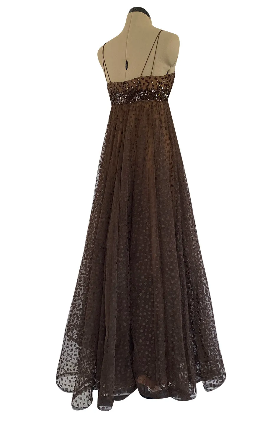 1960s Alfred Bosand Sequin Bodice Dotted Deep Brown Silk Net Dress W Matching Cape Overlay