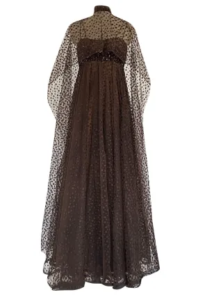 1960s Alfred Bosand Sequin Bodice Dotted Deep Brown Silk Net Dress W Matching Cape Overlay