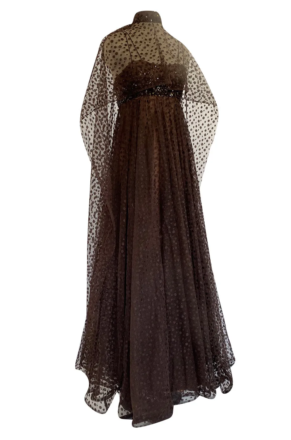 1960s Alfred Bosand Sequin Bodice Dotted Deep Brown Silk Net Dress W Matching Cape Overlay