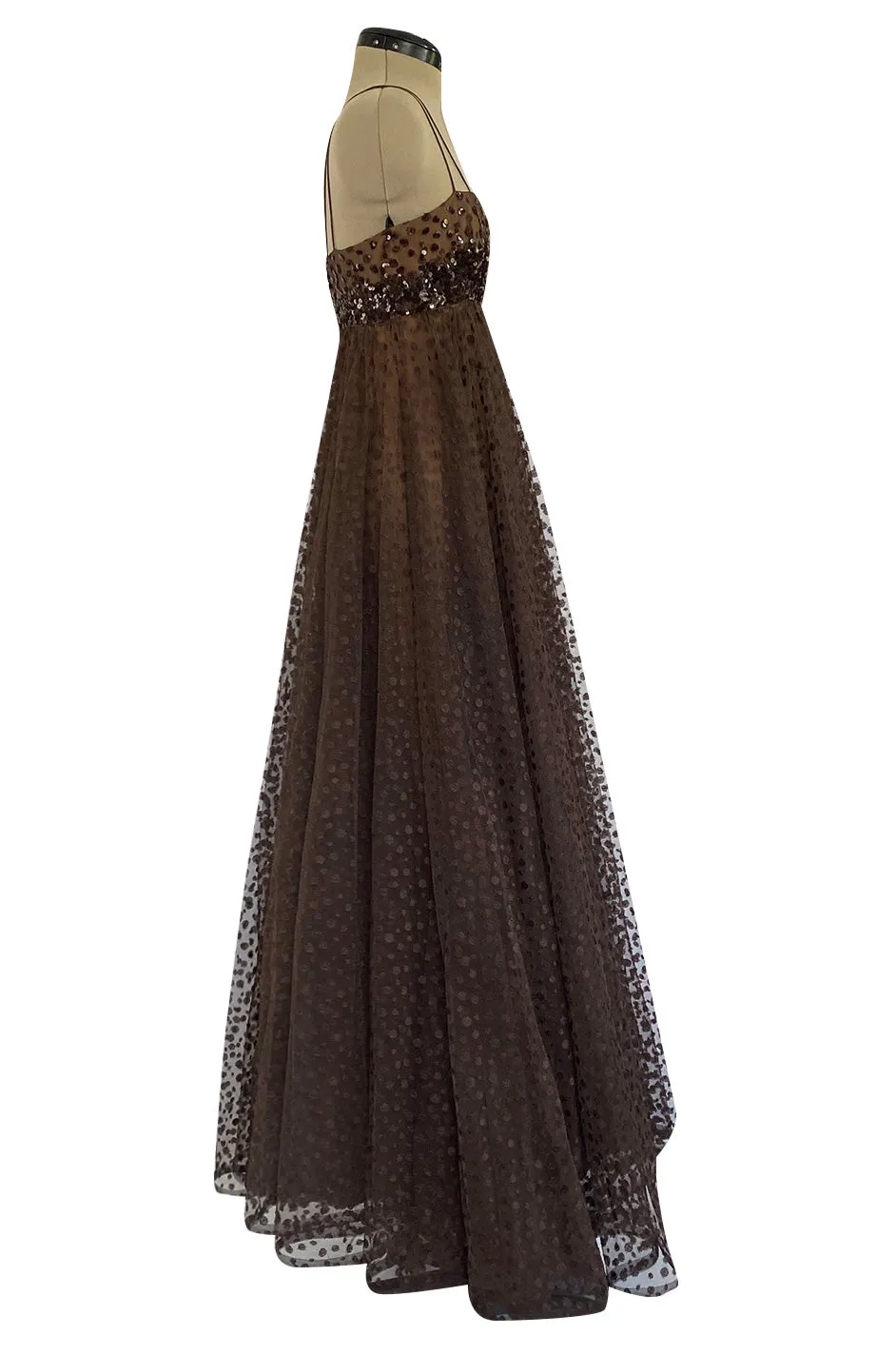 1960s Alfred Bosand Sequin Bodice Dotted Deep Brown Silk Net Dress W Matching Cape Overlay