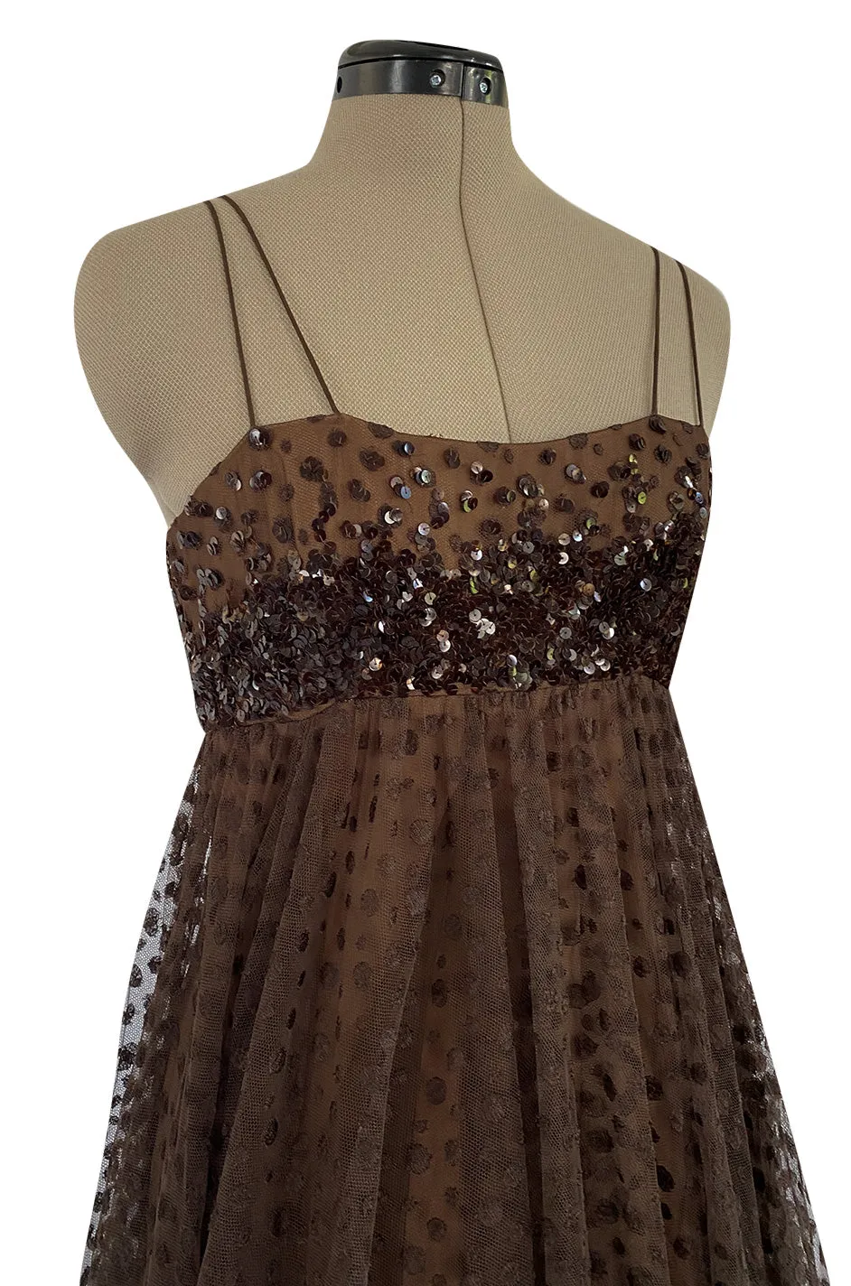 1960s Alfred Bosand Sequin Bodice Dotted Deep Brown Silk Net Dress W Matching Cape Overlay