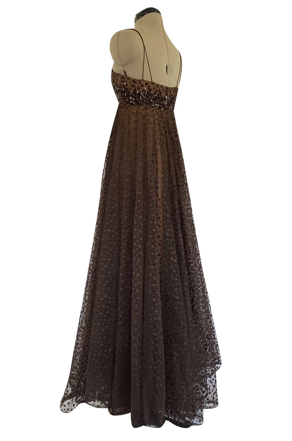 1960s Alfred Bosand Sequin Bodice Dotted Deep Brown Silk Net Dress W Matching Cape Overlay