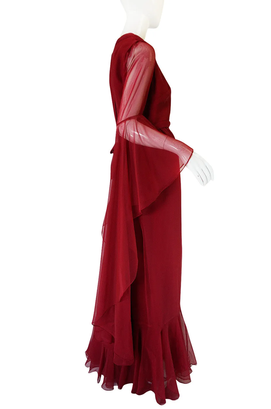 1960s Angel Sleeve Deep Burgundy Chiffon Dress