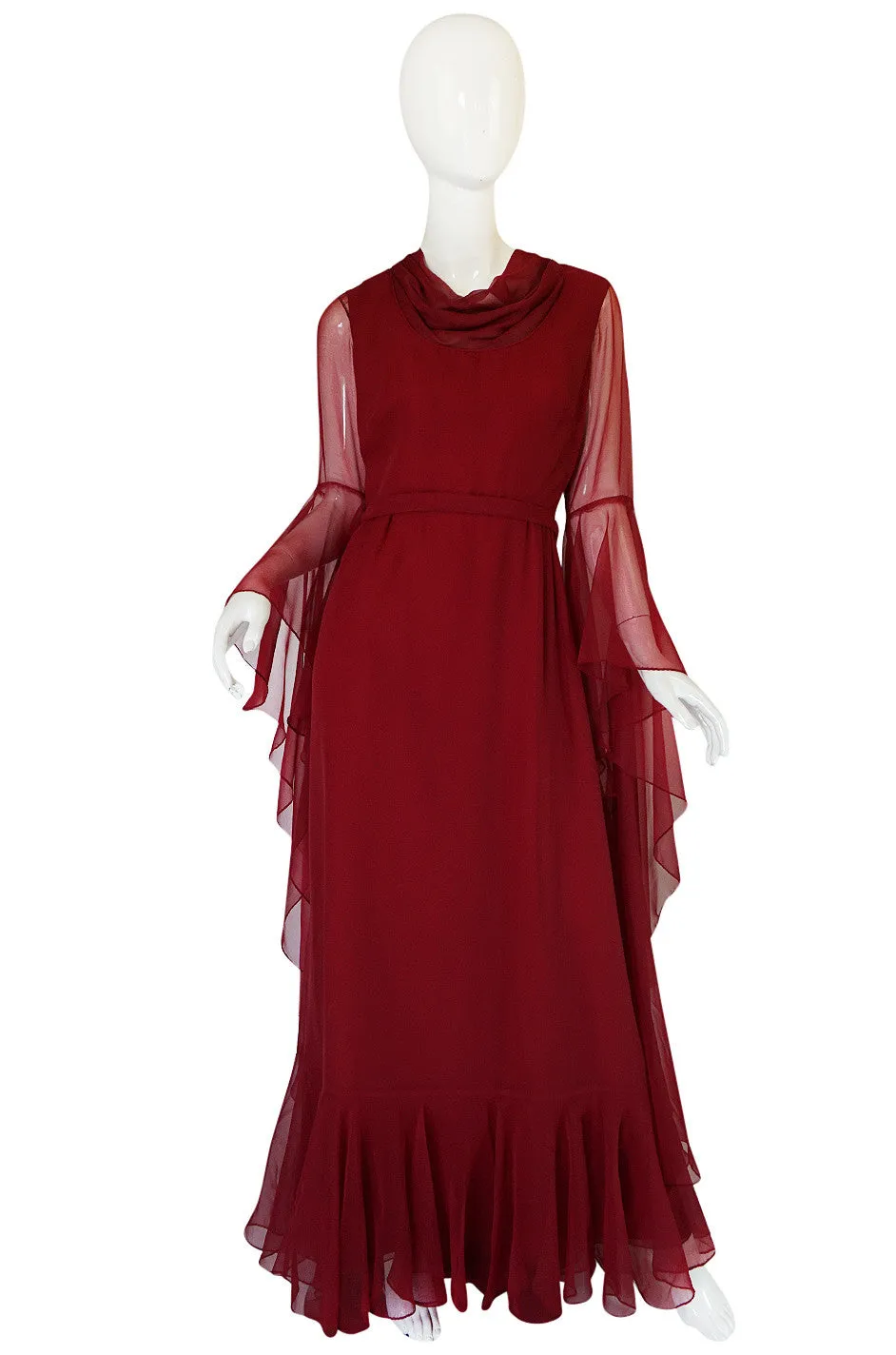 1960s Angel Sleeve Deep Burgundy Chiffon Dress