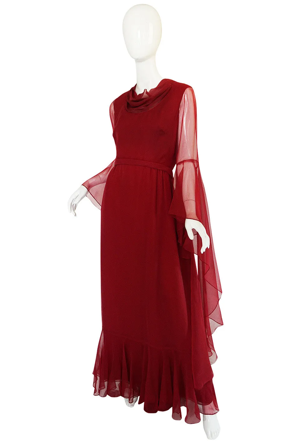 1960s Angel Sleeve Deep Burgundy Chiffon Dress