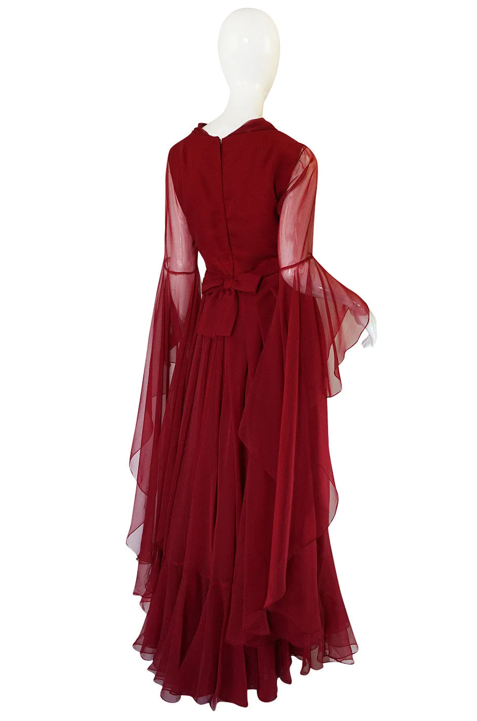 1960s Angel Sleeve Deep Burgundy Chiffon Dress