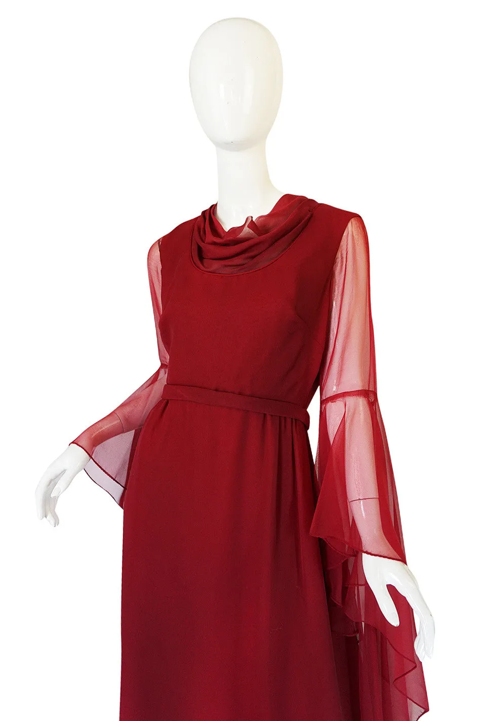 1960s Angel Sleeve Deep Burgundy Chiffon Dress