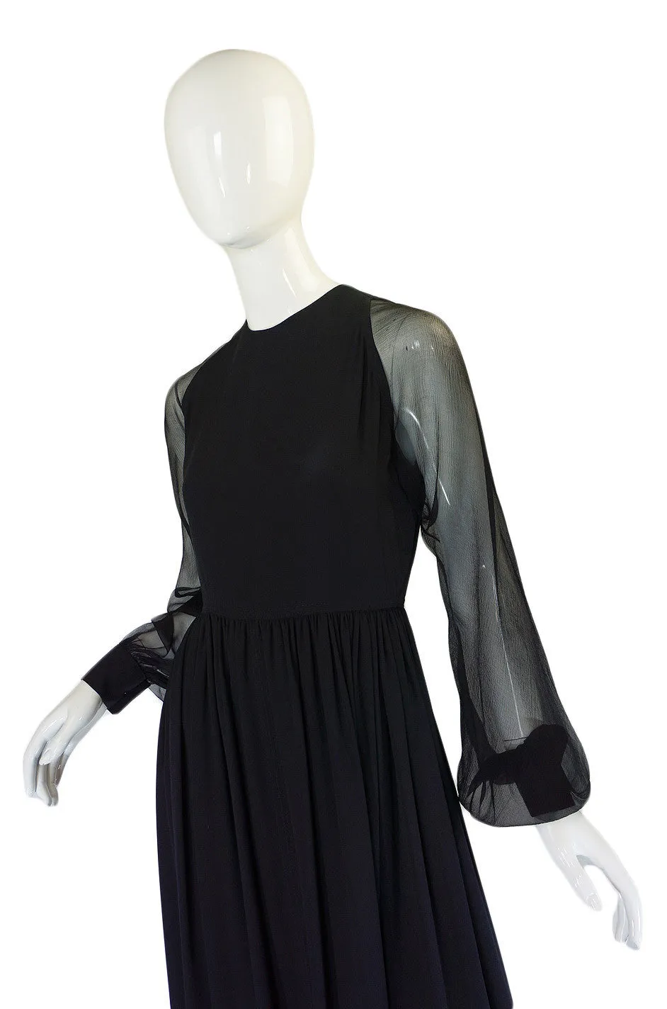 1960s Black Silk & Chiffon Galanos Balloon Sleeve Dress