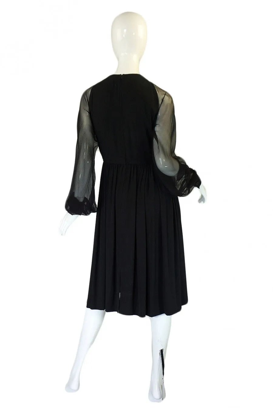 1960s Black Silk & Chiffon Galanos Balloon Sleeve Dress