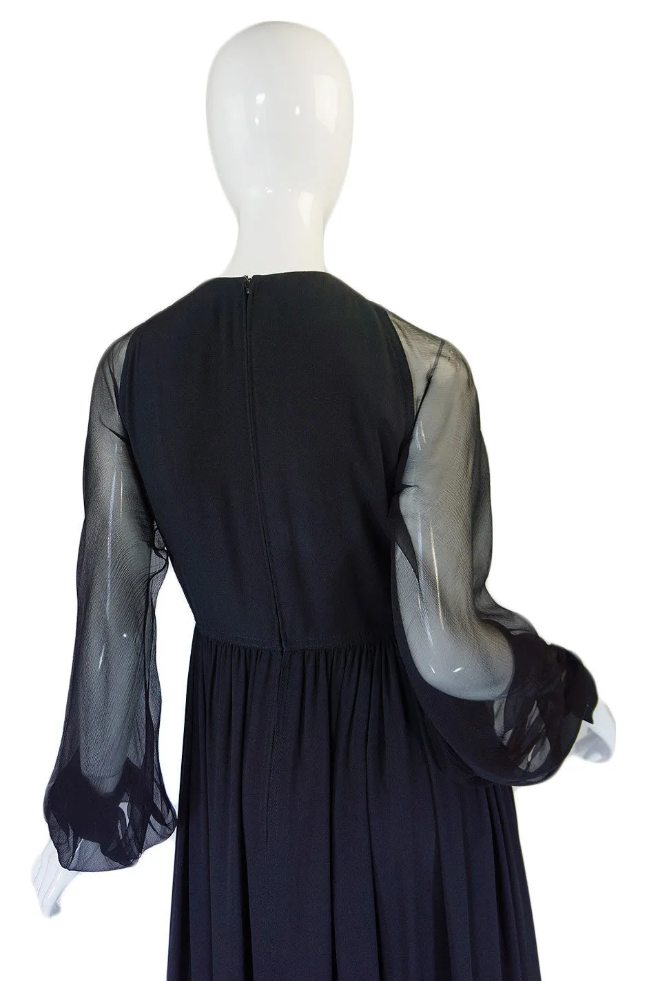 1960s Black Silk & Chiffon Galanos Balloon Sleeve Dress