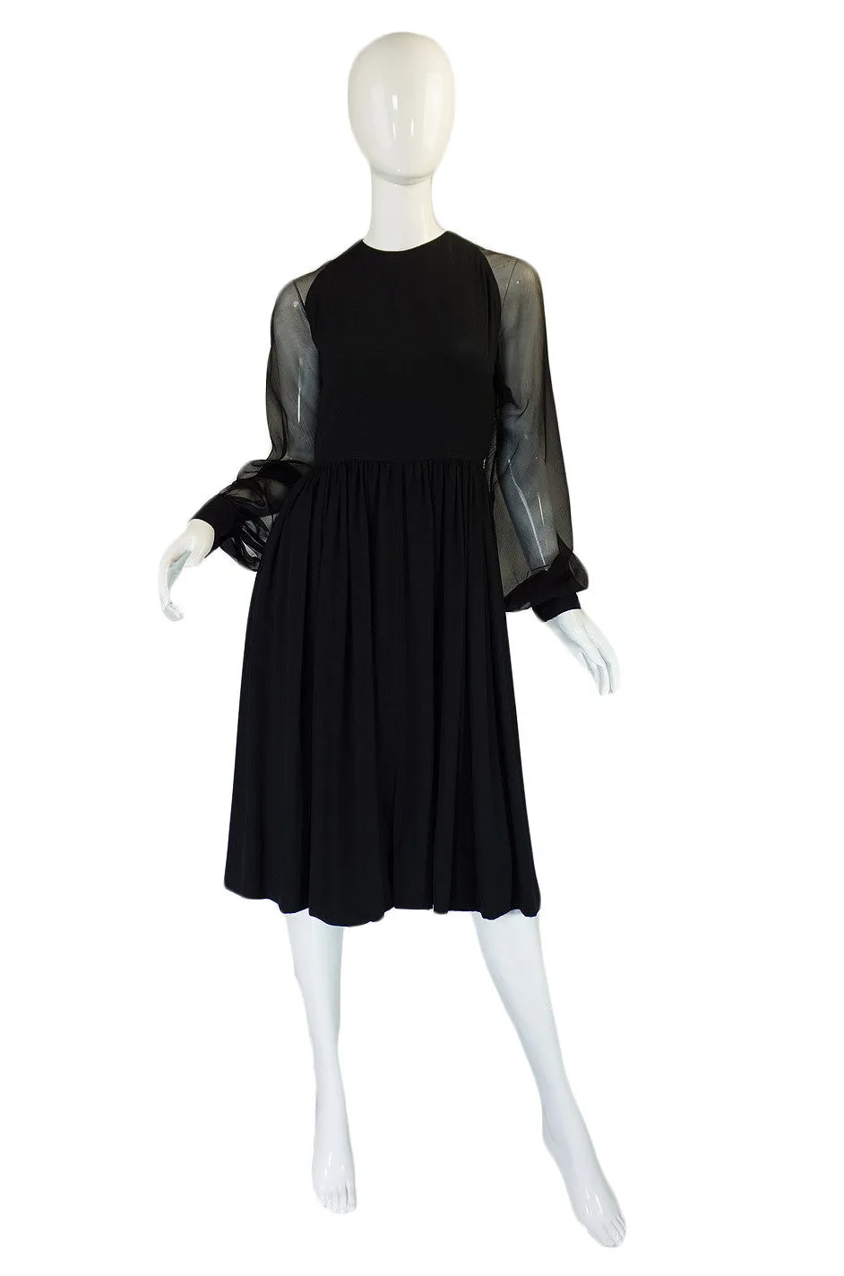 1960s Black Silk & Chiffon Galanos Balloon Sleeve Dress