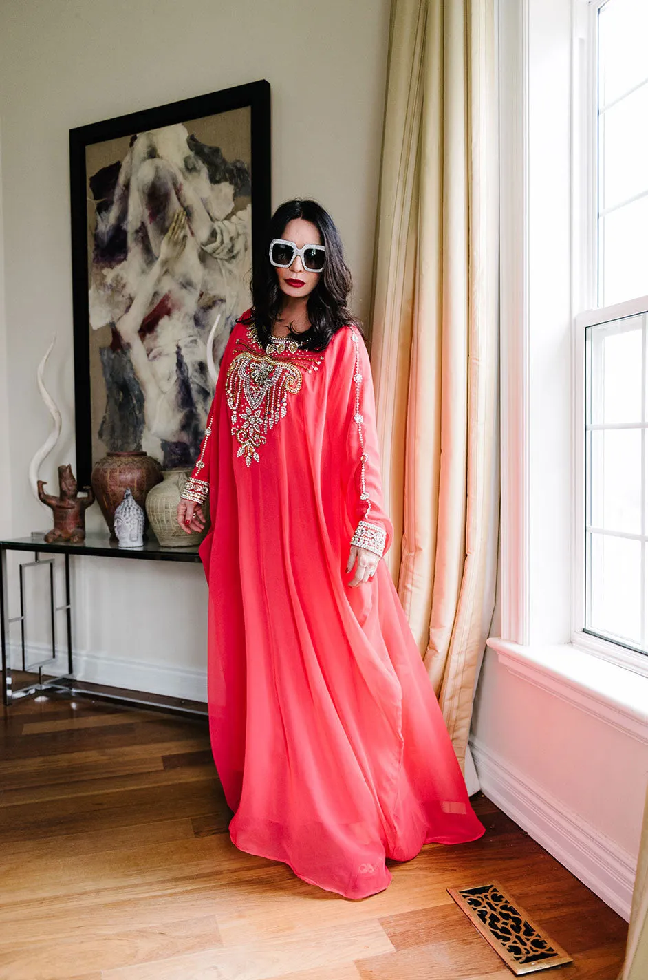 1960s Elaborate Crystal Covered Jewelled Red  Caftan Dress