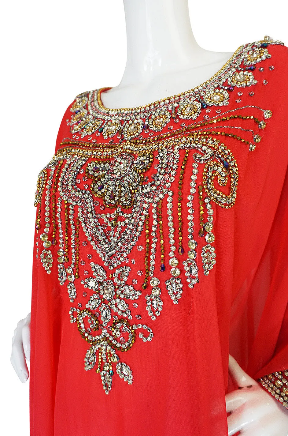 1960s Elaborate Crystal Covered Jewelled Red  Caftan Dress