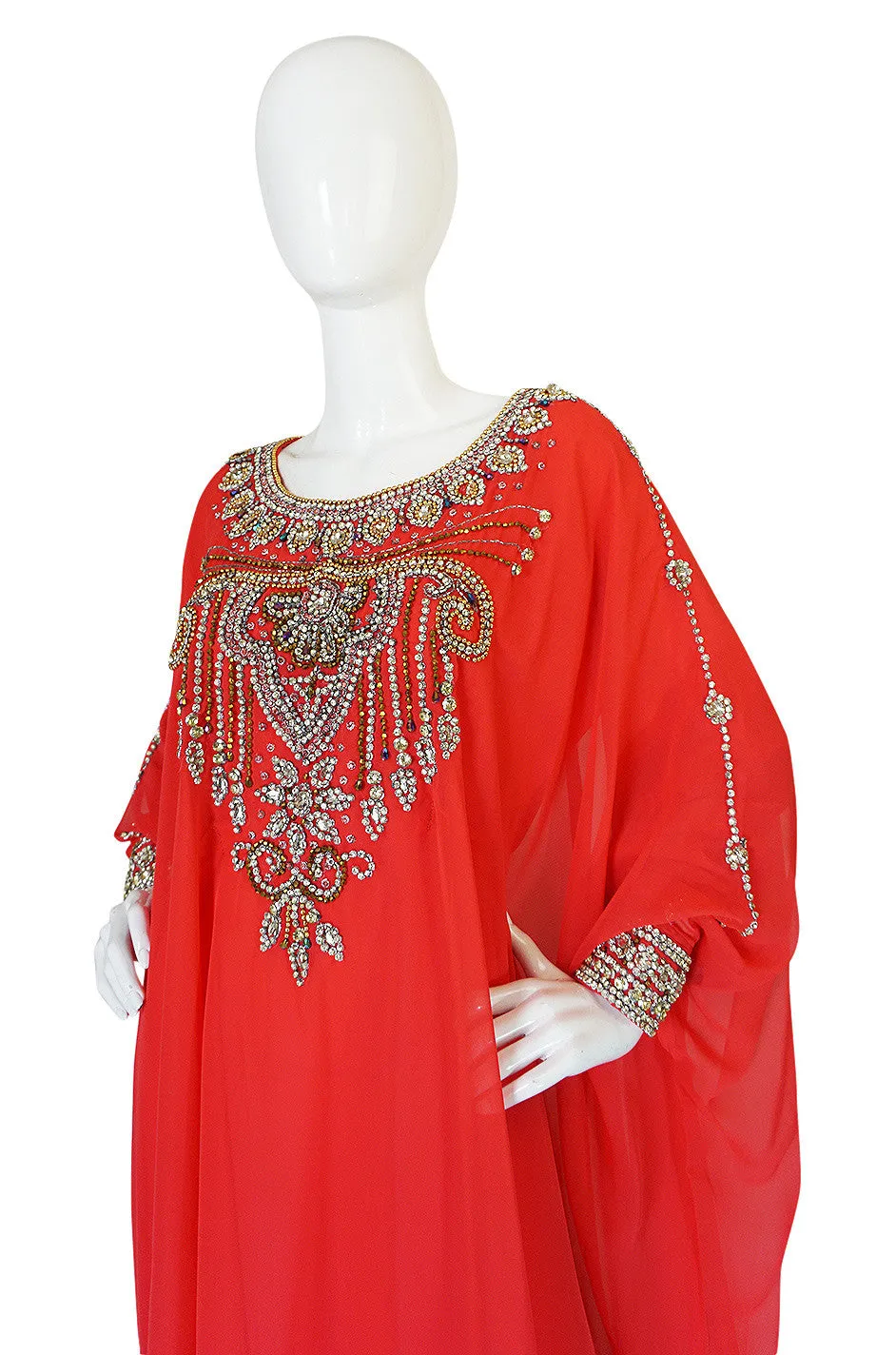 1960s Elaborate Crystal Covered Jewelled Red  Caftan Dress