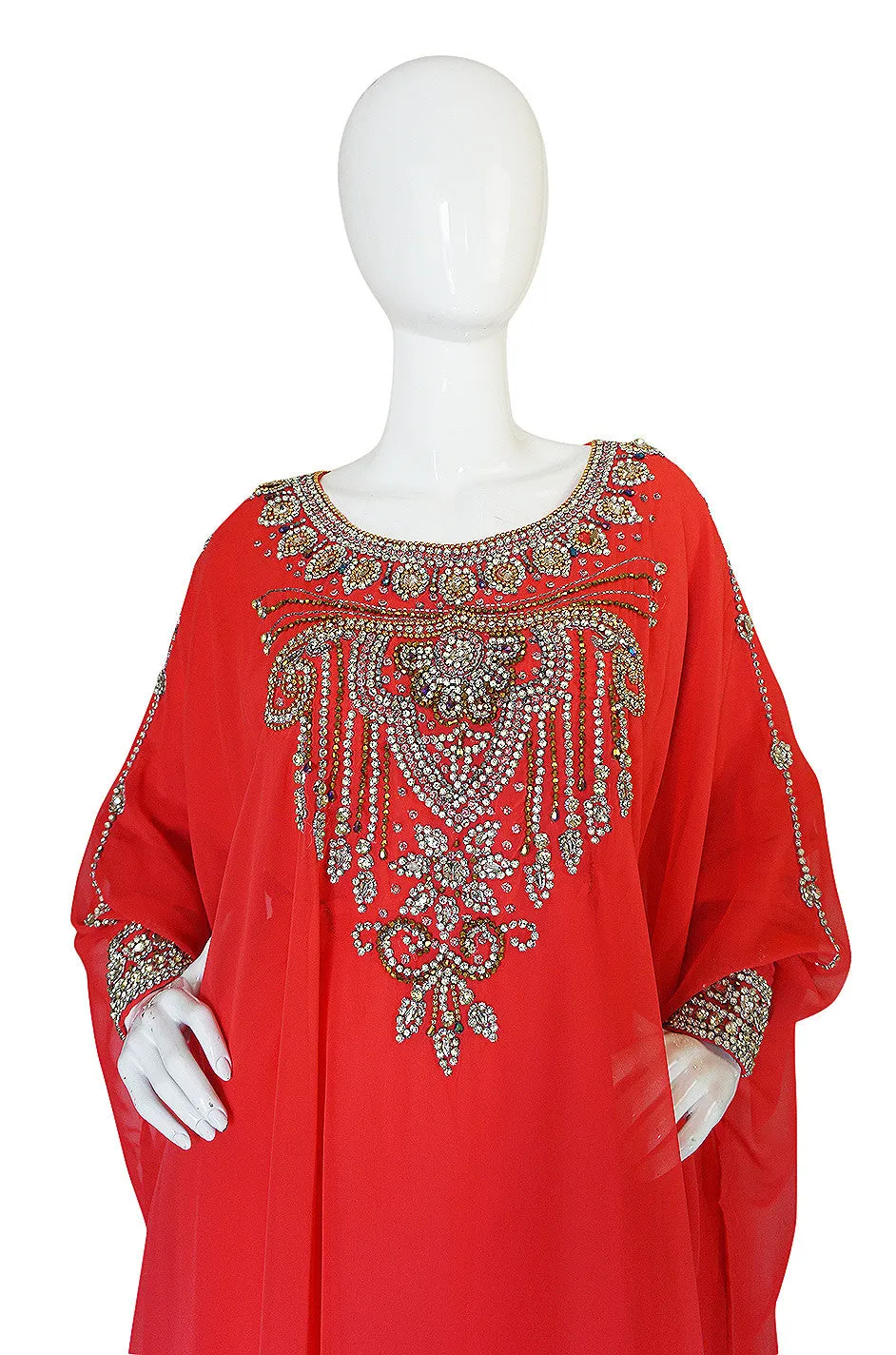 1960s Elaborate Crystal Covered Jewelled Red  Caftan Dress