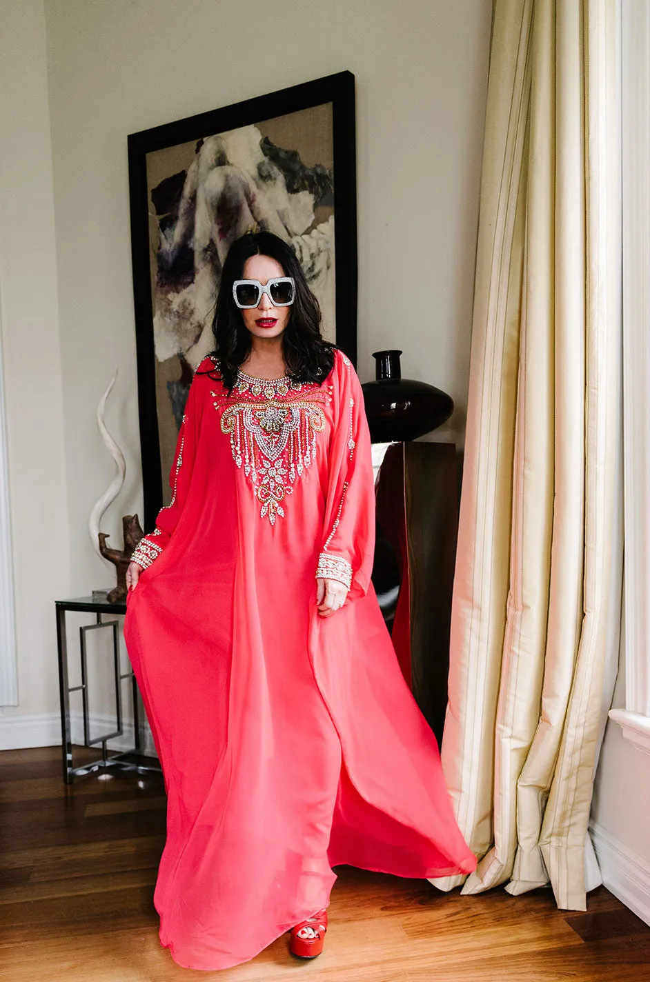 1960s Elaborate Crystal Covered Jewelled Red  Caftan Dress