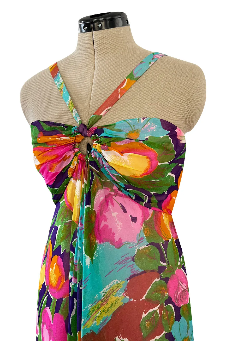 1960s Fred Perlberg Prettiest Bright Tulip Print Chiffon Gathered Front Halter Dress