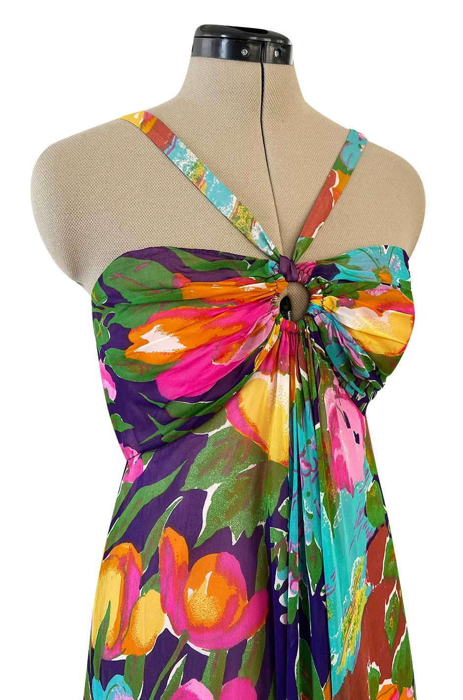 1960s Fred Perlberg Prettiest Bright Tulip Print Chiffon Gathered Front Halter Dress