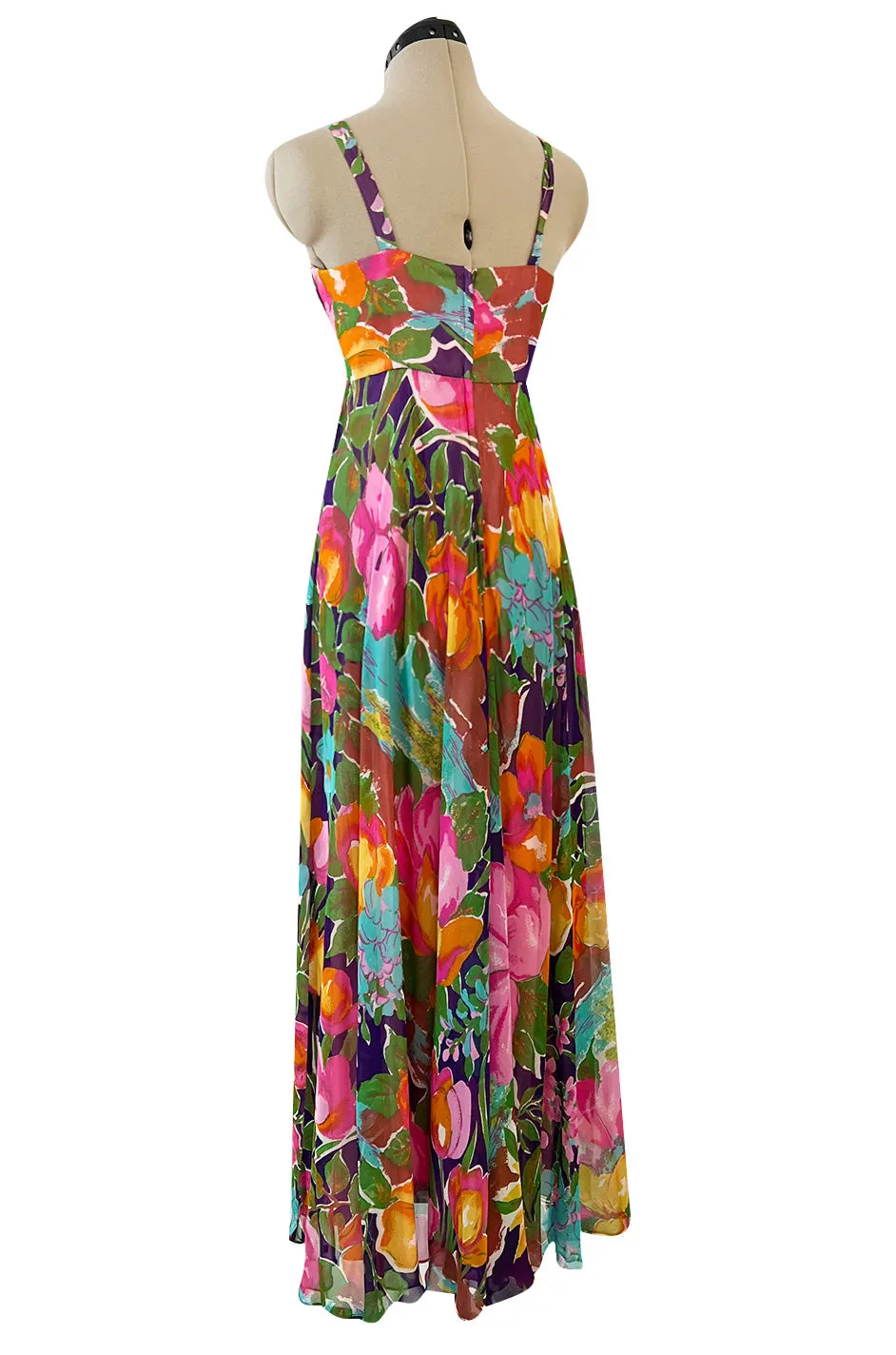 1960s Fred Perlberg Prettiest Bright Tulip Print Chiffon Gathered Front Halter Dress