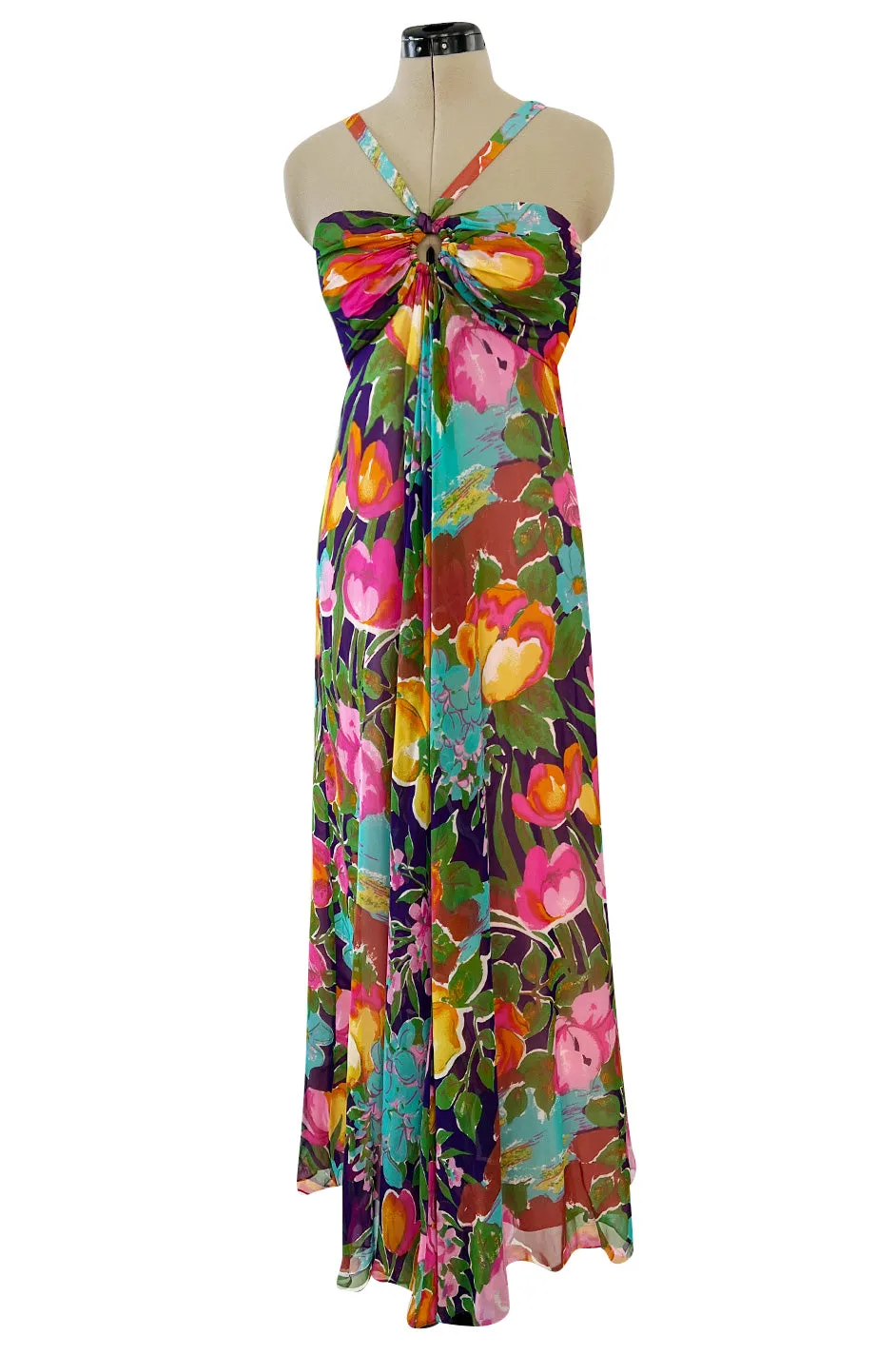 1960s Fred Perlberg Prettiest Bright Tulip Print Chiffon Gathered Front Halter Dress