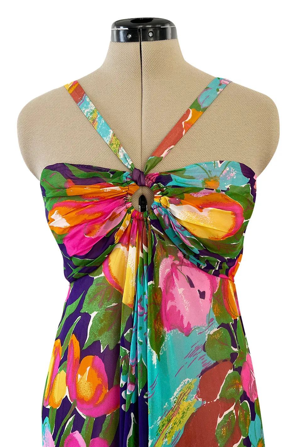 1960s Fred Perlberg Prettiest Bright Tulip Print Chiffon Gathered Front Halter Dress